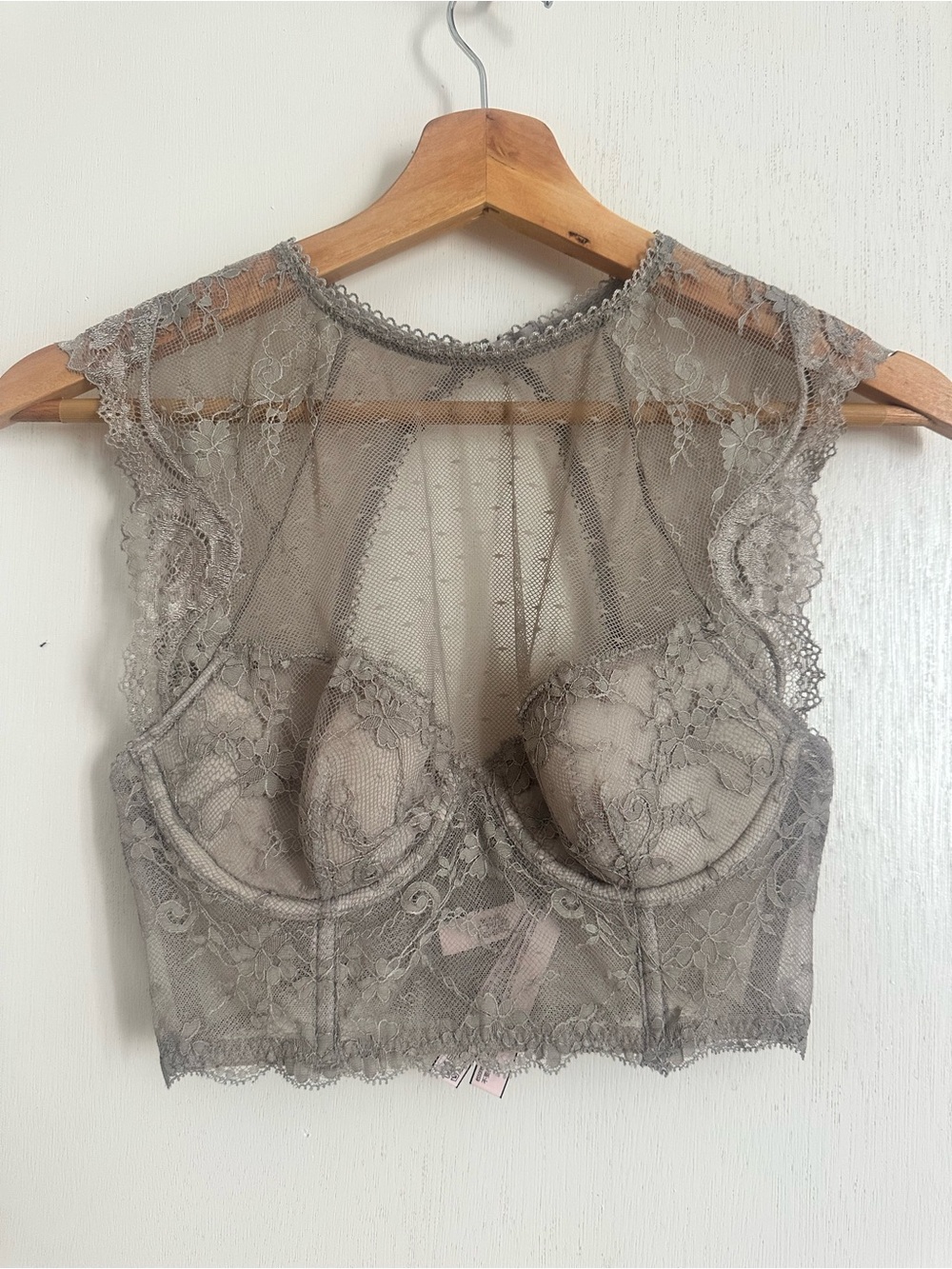 Victoria's Secret Lace High-Neck Longline Bra in Taupe Gray